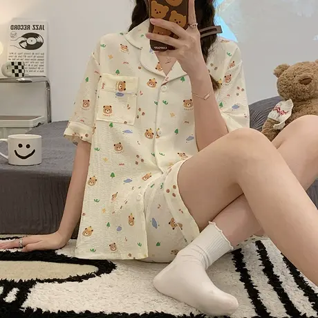 纯棉女士睡衣春夏季短袖学生可爱外穿家居服套装2023年新款薄夏天图片