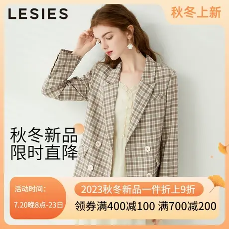 蓝色倾情春秋季女装新款 格子轻职风OL双排扣长袖小西装西装便服图片