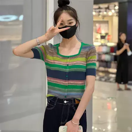 2023夏季新款软糯撞色条纹设计感方领显瘦针织衫T恤短袖女上衣潮商品大图