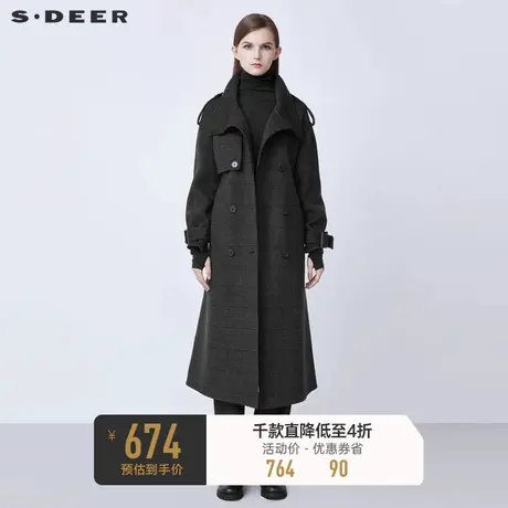 sdeer圣迪奥冬季复古高领收腰格纹工装毛呢大衣S21481814图片