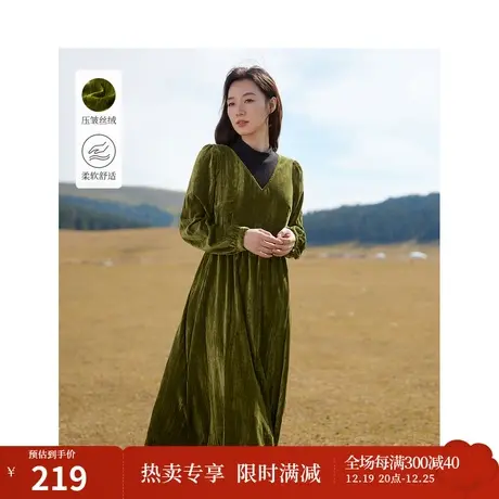 茵曼假两件针织拼接连衣裙2023冬季女装新款压皱丝绒流光显瘦裙子图片