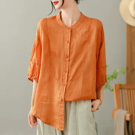 dza 拼接纯色苎麻衬衫女2023夏薄款立领衬衣休闲宽松棉麻开衫上衣图片
