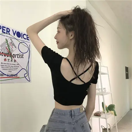 别致黑色纯欲风短袖T恤女夏季修身短款设计感辣妹心机露背上衣潮商品大图