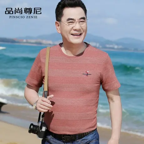 男士t恤短袖棉质色织条纹刺绣宽松大码爸爸上衣中老年人爷爷装夏商品大图