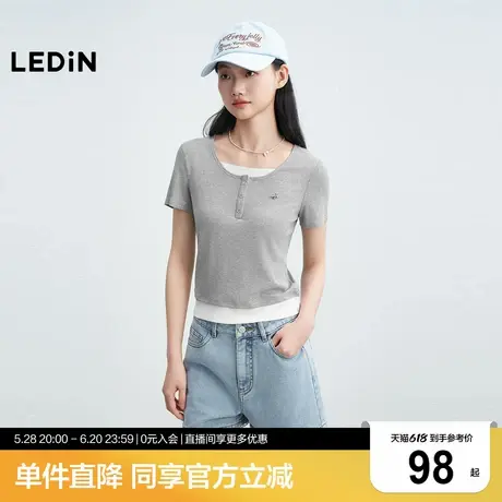 乐町撞色假两件短袖25年夏季新款韩系修身上衣女烫银灰色圆领T恤商品大图
