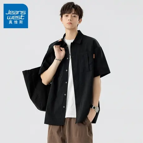 N5真维斯男士短袖衬衫2025夏季新款翻领工装男生休闲宽松百搭衬衣商品大图
