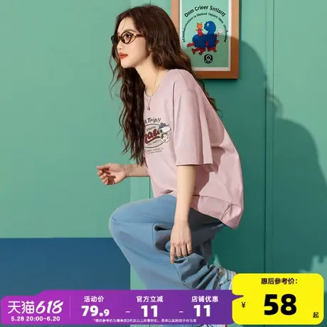 【史努比联名款】唐狮2025夏季新款女短袖T恤圆领纯棉宽松上衣商品大图