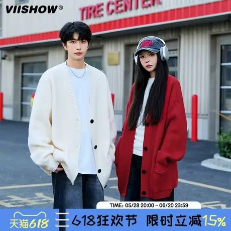 VIISHOW开衫毛衣男秋季V领长袖针织衫2024新款青少年黑色宽松外套商品大图