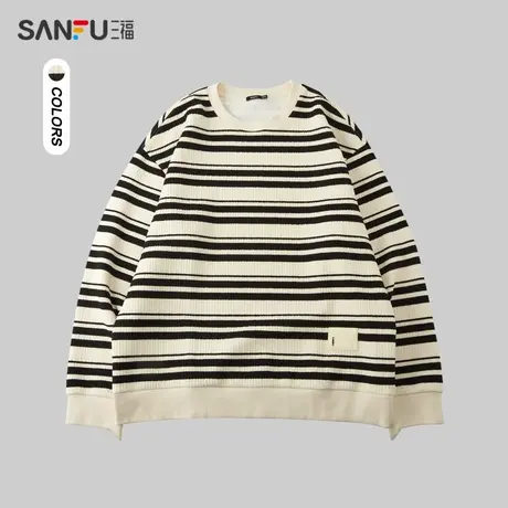 三福2023冬男士条纹胶标重磅卫衣 时尚宽松圆领上衣男476222商品大图