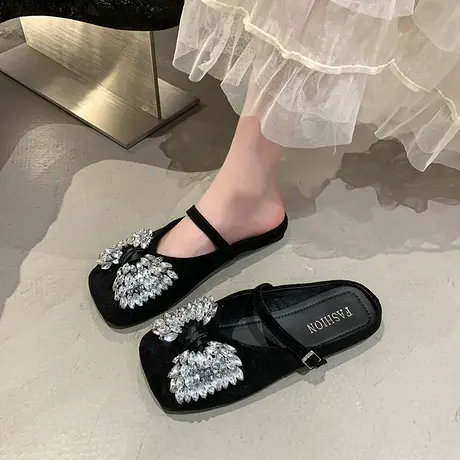 包头半拖鞋女2025年春夏季新款时尚凉拖平底玛丽珍水钻复古鞋子潮图片