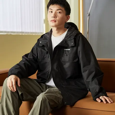 唐狮春秋季新款工装外套男多口袋连帽净色户外宽松休闲男夹克外套图片