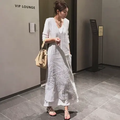 秋装新款长袖纯棉T恤韩版过膝长款宽松大码加条纹V领裙子两件套潮图片