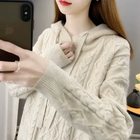针织卫衣2023年新款连帽宽松套头上衣百搭慵懒帽衫春秋冬加厚毛衣图片