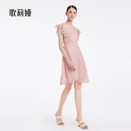歌莉娅红色波点荷叶袖V领显瘦短袖连衣裙女气质通勤裙子1B4C4K3H0商品大图