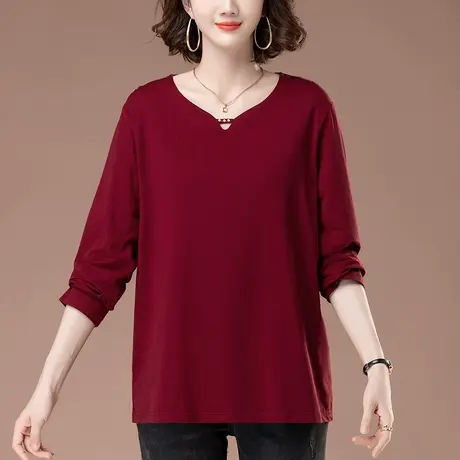 中年妈妈v领长袖T恤女春秋宽松加大码女装打底衫休闲遮肚红色上衣商品大图