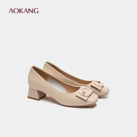 奥康 女鞋2025春秋新款单鞋女不累脚粗跟皮鞋白色妈妈高跟鞋图片