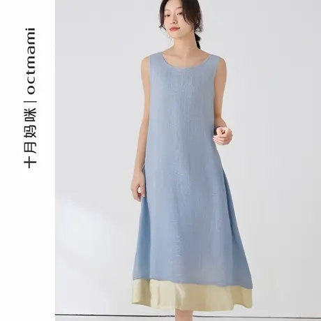十月妈咪孕妇圆领假两件背心连衣裙2025新款夏季外穿宽松遮肚裙子商品大图