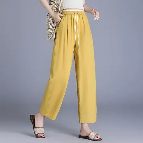拉夏贝尔松紧抽绳高腰休闲裤女2025夏季新款百搭直筒香蕉裤九分裤商品大图