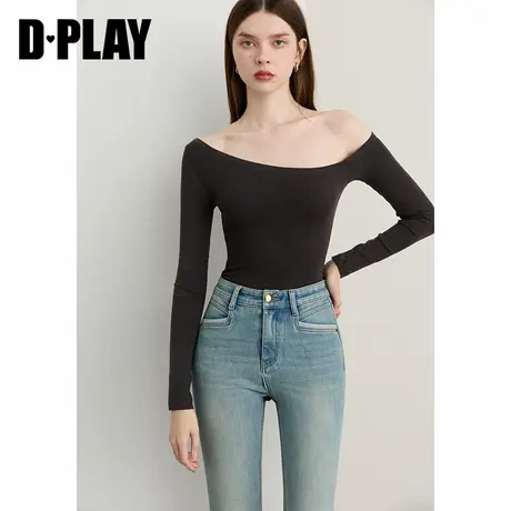 DPLAY【惠品】2025年秋季新款黑色t恤女独特一字肩修身长袖上衣商品大图