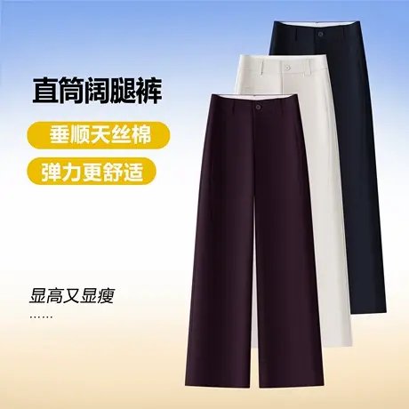 天丝棉窄版直筒裤女春秋新款高腰宽松阔腿裤显瘦通勤百搭休闲裤图片