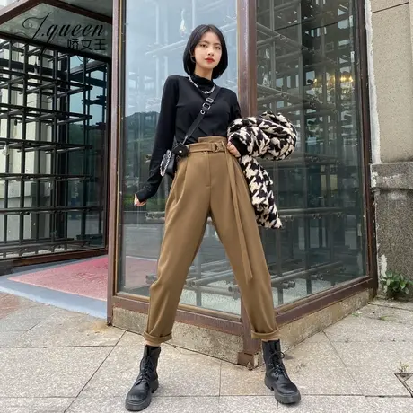 高腰哈伦裤女春秋季复古显瘦烟管裤系带加厚加绒九分小脚萝卜裤子商品大图