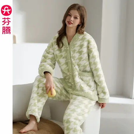 芬腾睡衣女秋冬季珊瑚绒加绒加厚套装休闲大码保暖女款家居服冬天商品大图