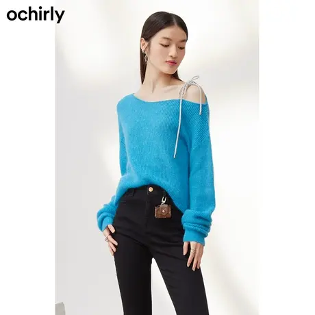 【品牌甄选】欧时力羊毛马海毛慵懒风针织毛衣新款秋装露肩上衣商品大图
