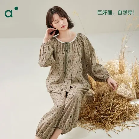 安之伴纯棉女款春秋季长袖花边圆领束口家居服宽松长裤套装可外穿商品大图