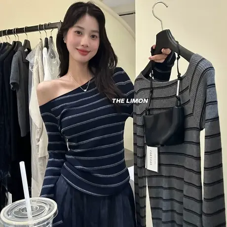 十三行初秋新款慵懒简约斜肩设计感洋气条纹打底针织衫女2025新款商品大图
