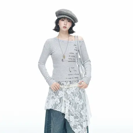 美式辣妹风涂鸦印花斜肩修身条纹长袖T恤女秋季新款露肩显瘦上衣商品大图