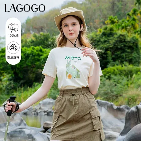 LAGOGO纯棉印花正肩T恤女拉谷谷夏季新款米白色遮肉显瘦百搭短袖商品大图