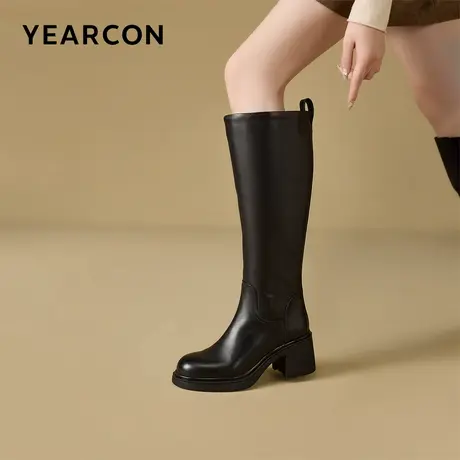 意尔康女鞋2025冬季高端皮靴瘦瘦长靴女士骑士靴不过膝粗跟高筒靴图片