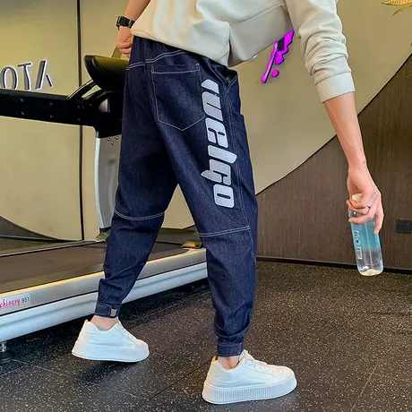 秋季工装牛仔裤2023新款潮牌ins字母刺绣个性痞帅束脚哈伦裤男裤商品大图