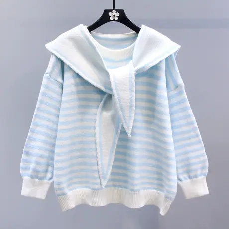 日系甜美条纹学院风毛衣女秋冬2023新款宽松设计感洋气针织衫上衣商品大图