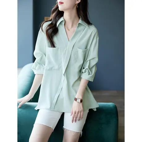 宝诗黎V领褶皱七分袖宽松衬衫2023夏新款时尚纯色设计感套头衬衣图片