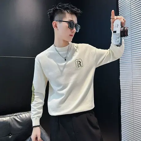 潮牌刺绣字母撞色毛衣秋冬休闲圆领套头潮流针织打底衫毛线衣体恤商品大图