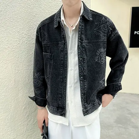 牛仔外套男春秋季轻熟风个性印花高级感ins潮美式工装牛仔衣夹克商品大图