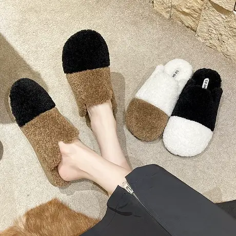 拼色毛绒包头半拖鞋女外穿秋冬季韩版百搭居家平底棉拖毛毛鞋女鞋商品大图