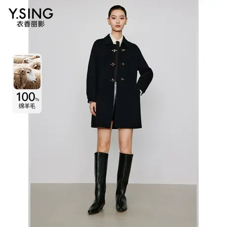 100%绵羊毛双面呢子大衣女2023年冬季新款黑色娃娃领中长毛呢外套图片
