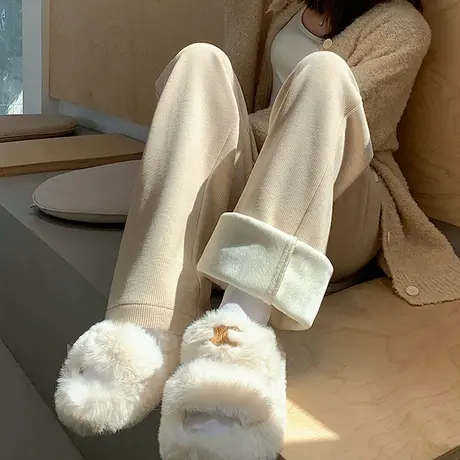 杏色灯芯绒阔腿裤女冬季新款垂感宽松休闲加绒加厚雪尼尔直筒裤子商品大图