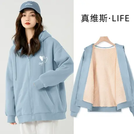 真维斯LIFE连帽加绒卫衣外套女秋冬2023新款宽松羊羔绒上衣女加厚图片