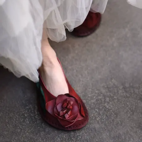 Artmu阿木复古手工花朵单鞋女平底小众真皮女鞋2023新款豆豆鞋图片