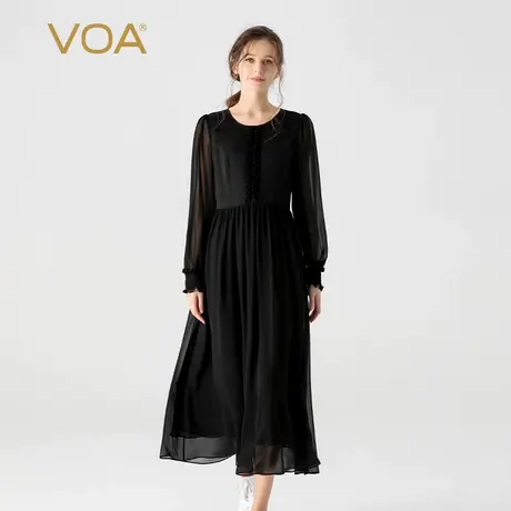 VOA桑蚕丝暗纹提花黑色圆领长袖木耳拼接乔其双层裙摆真丝连衣裙图片