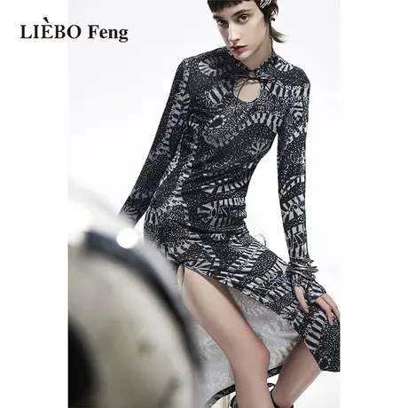 X裂帛LIEBOFeng摩登新中式旗袍领镂空修身显瘦高街开衩长袖连衣裙图片