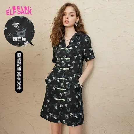 妖精的口袋黑色新中式连衣裙女2024春夏款碎花收腰显瘦v领设计感图片