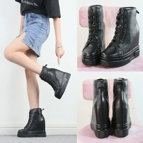 小个子12CM厚底马丁靴超高跟内增高女鞋牛皮春秋单靴黑色真皮短靴商品大图