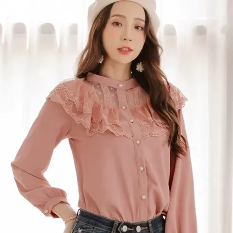 桔熊春秋季浪漫蕾丝镂空拼接立领衬衫上衣女装胖妹妹大码AB16286商品大图
