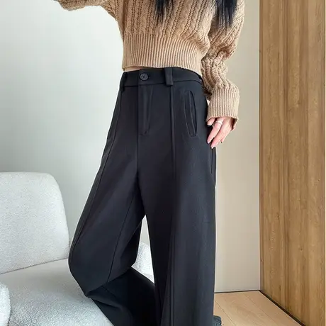 毛呢窄版阔腿裤女冬季新款高腰垂感加绒加厚直筒休闲西装拖地裤子商品大图
