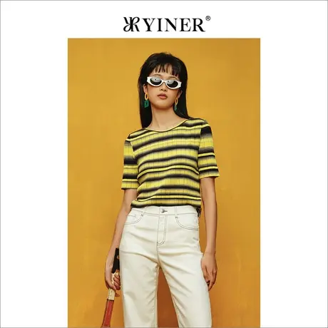 YINER音儿专柜女装2022夏季新款条纹短袖薄款针织衫短款上衣女商品大图