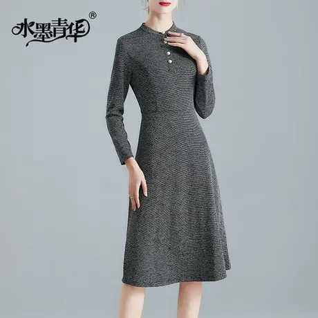 水墨青华冬季新品百搭修身长袖连衣裙气质优雅时尚A字裙商品大图